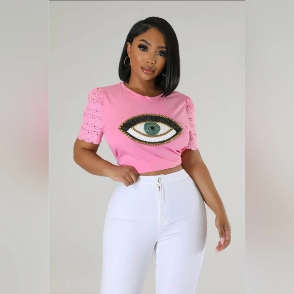 Women's Summer Top: Ginevra Babe Cotton Graphic Tee with Crochet Detail - Picture 5 of 8